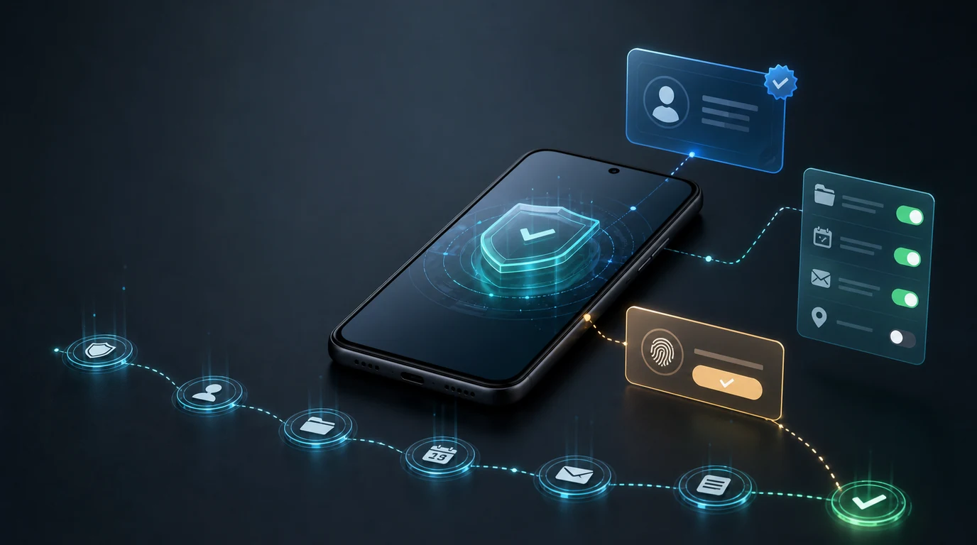 Android 手机 Agent 的身份、权限、逐工具审批和审计日志流程示意图