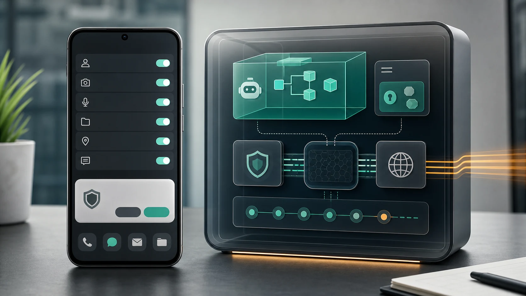 AI Agent 沙盒运行环境与 Android 手机权限确认流程示意