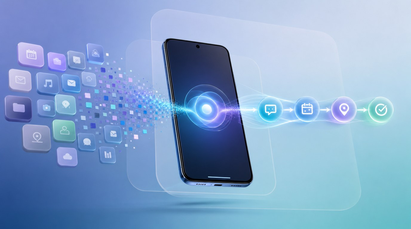 Android 手机上传统 App 图标、AI Agent 任务入口和可被 AI 调用的应用能力并列展示
