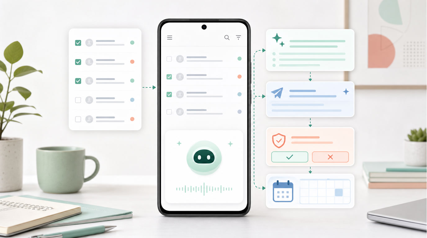 Android 手机上用 AI 邮件助手总结 Gmail 或 Outlook 邮件、起草回复、确认发送并创建日历跟进的流程示意图