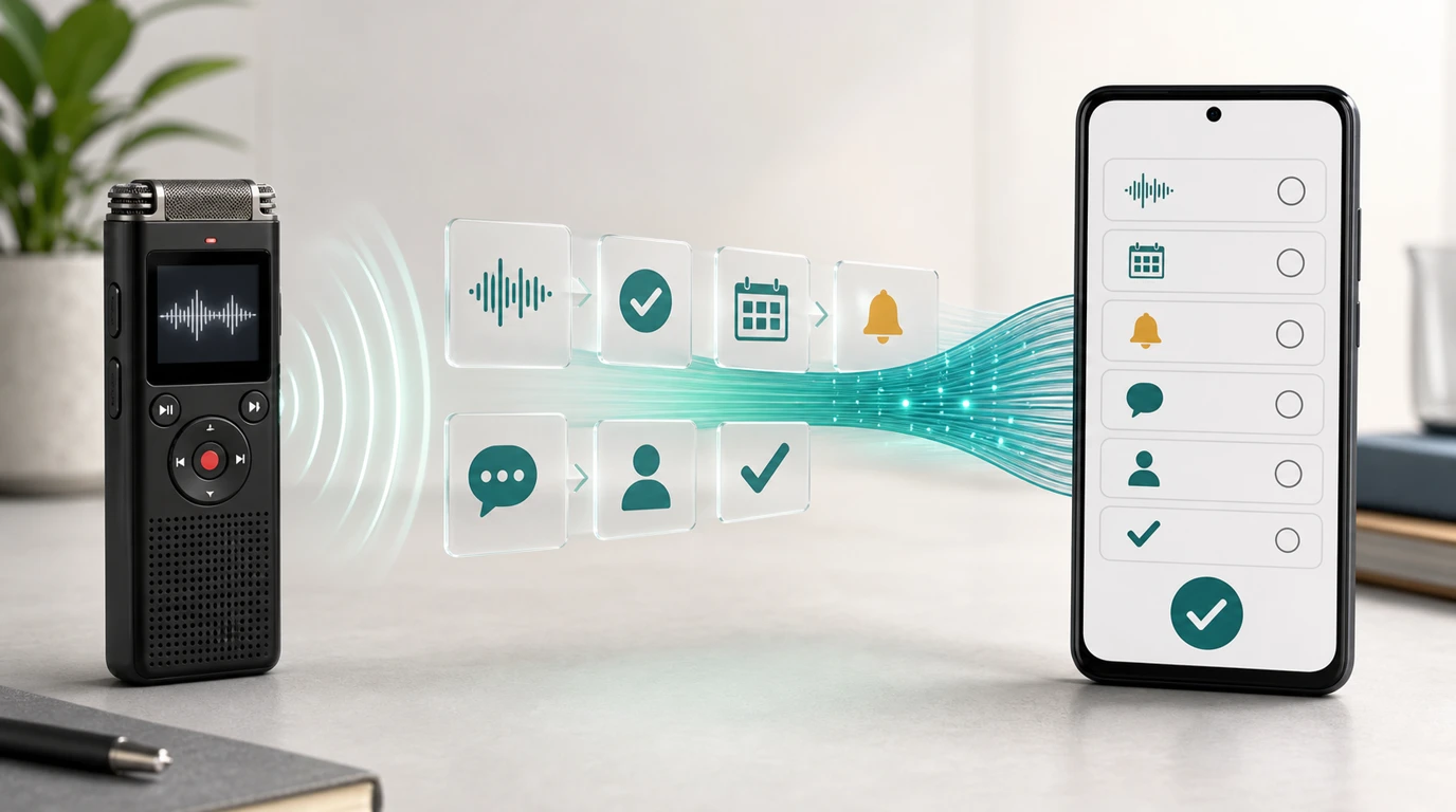 AI 录音机通过 MCP 提供会议转写与行动项，再由 Android 手机 Agent 完成经确认的后续操作