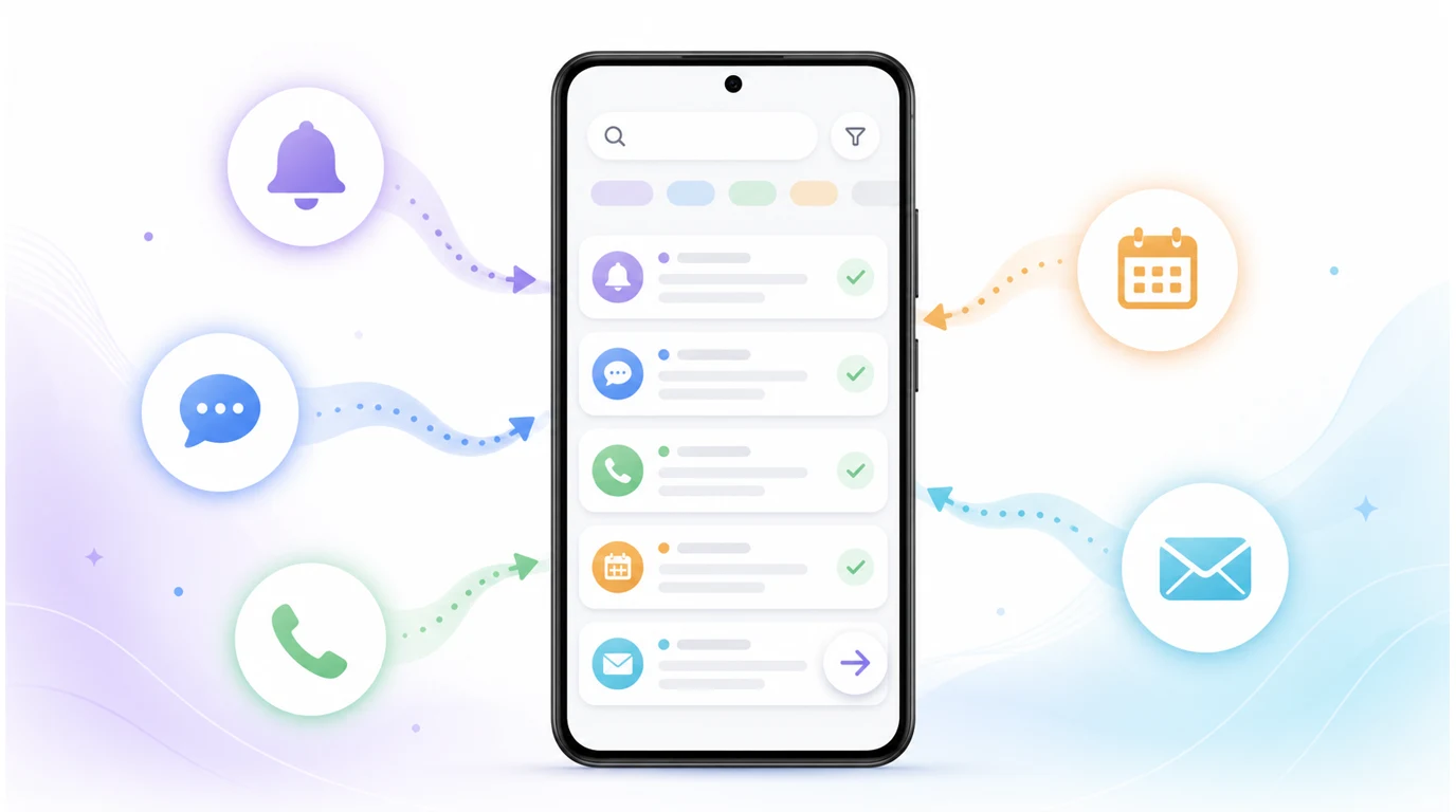 Android 手机上的 AI 信息收件箱按来源整理通知、短信、通话记录、邮件和日历事件