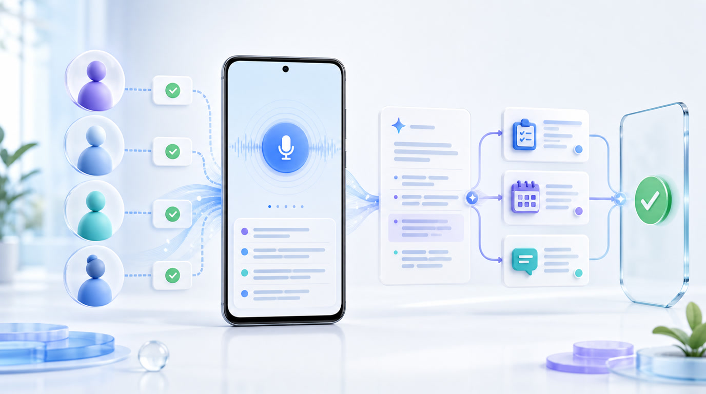 Android AI 会议助手显示录音状态、参会者同意、转写内容和待确认行动项