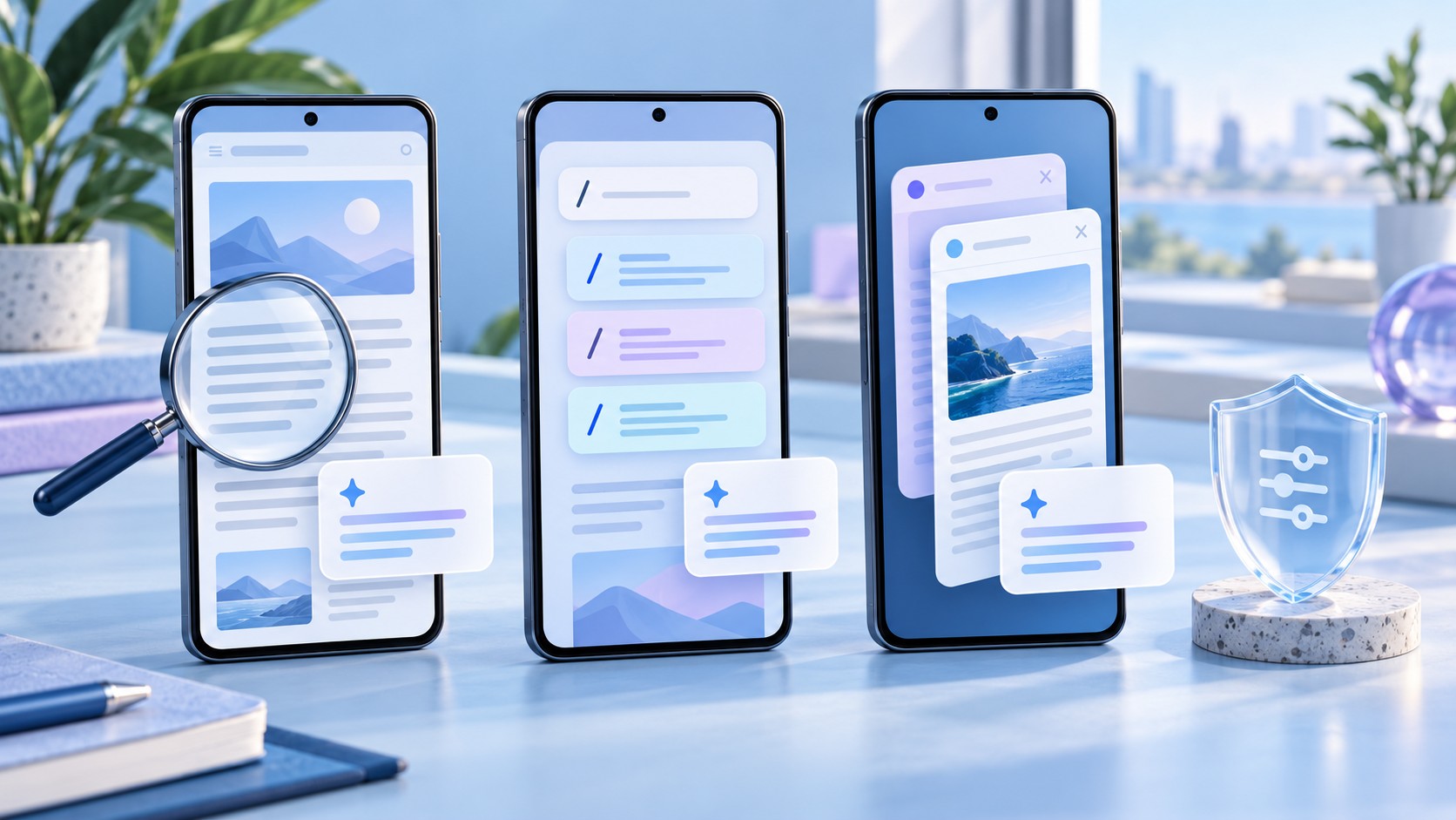 Android 手机上三个 AI 浏览器的网页阅读流程示意，突出当前标签页、原文依据和模型数据边界