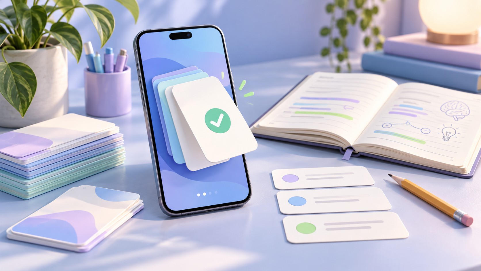 Android 手机上依据课程资料生成闪卡和测验，并逐项核对题目、答案与来源的学习流程示意图