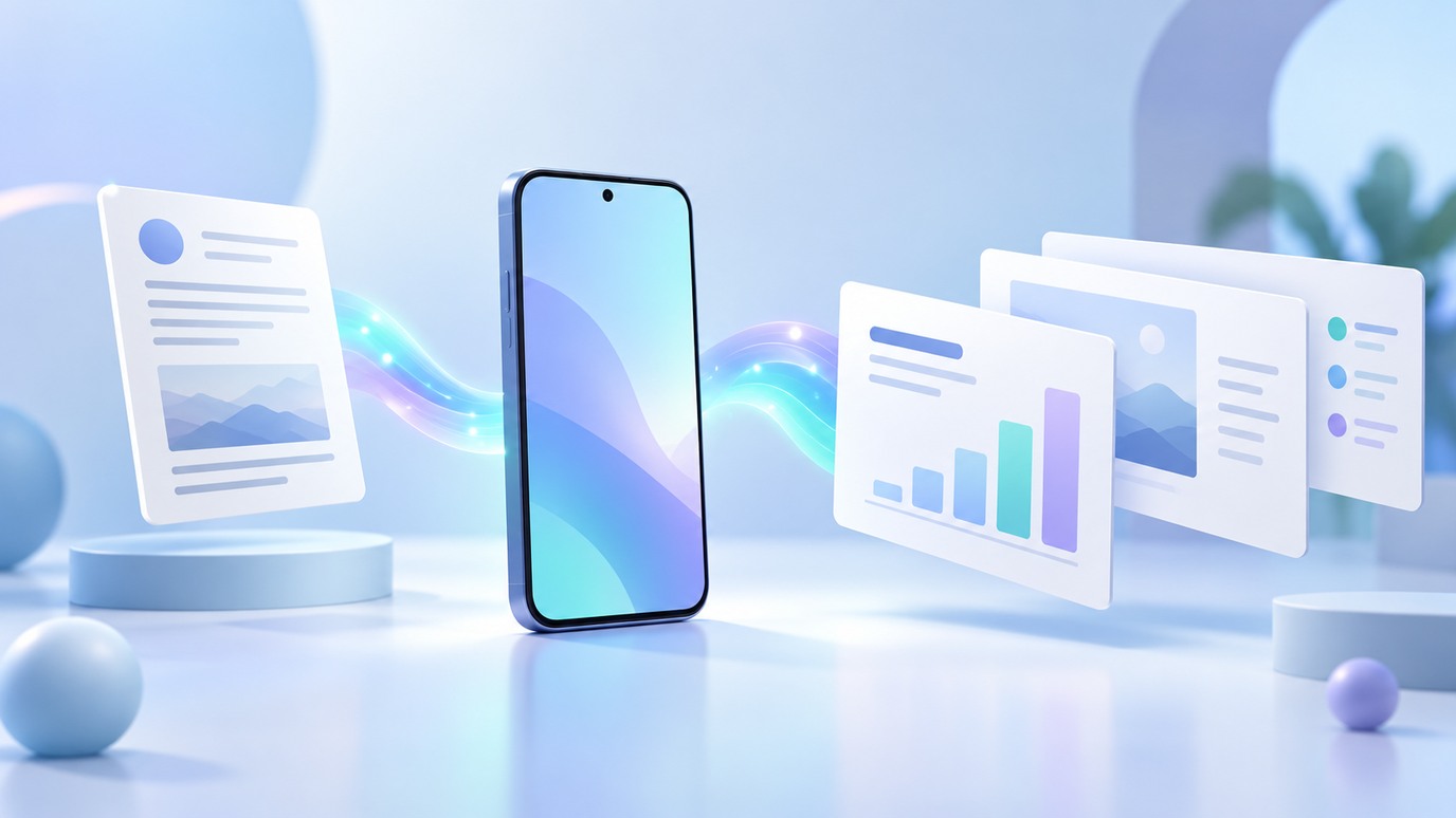 概念插画中，Android 手机旁排列五页演示文稿、资料卡与导出文件图标，表现从资料整理到幻灯片交付的流程，并非实际应用截图