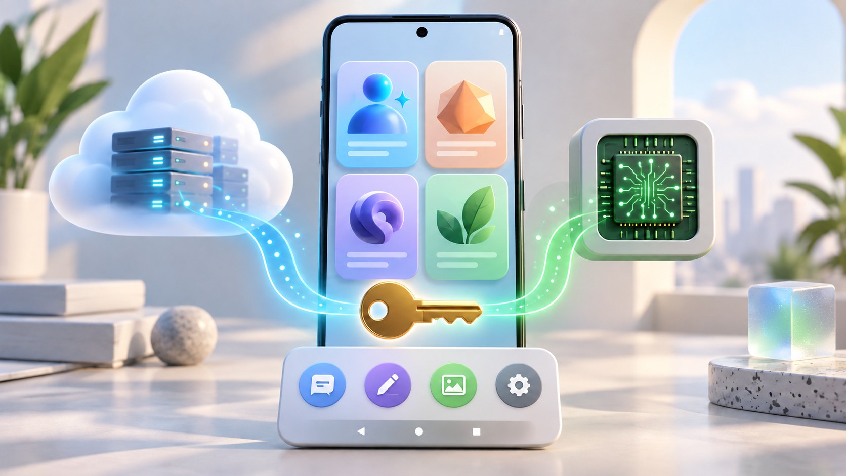 概念示意图：Android 手机上的四类 AI 客户端分别连接模型服务、本地推理和受权限约束的手机工具