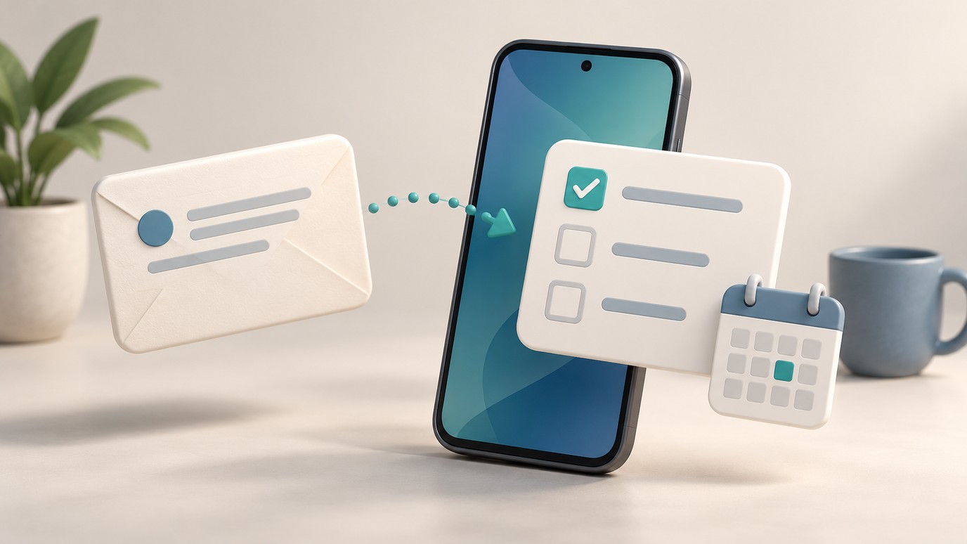 Android 手机上从选定邮件创建待办的流程示意，突出任务标题、日期与邮件来源核对