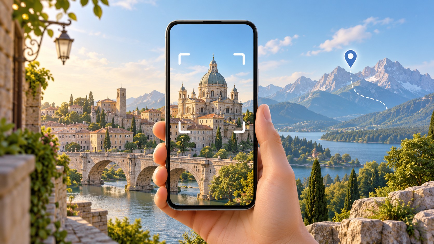 概念示意图：Android 手机旁展示城市建筑照片、街头实景和山峰轮廓，分别对应图片搜索、地图定位与图片解读