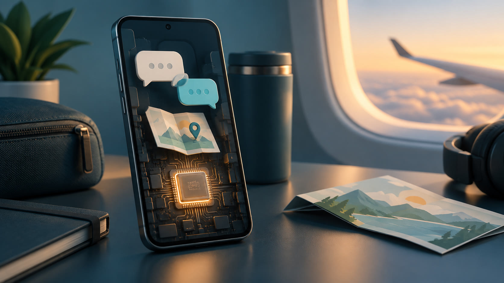 概念示意图：Android 手机中的本地模型处理一段虚构笔记，旁边分别标示已关闭的网络连接、文字对话和待核对的手机工具