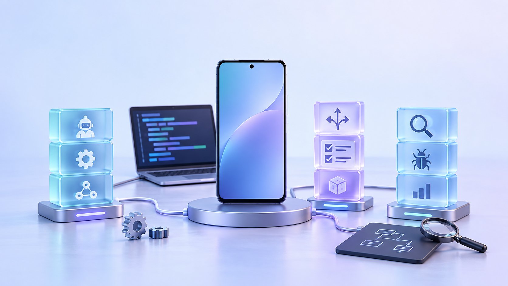 开源手机 Agent 框架、模型推理服务、设备执行层和 Android 手机任务评估的对比示意图