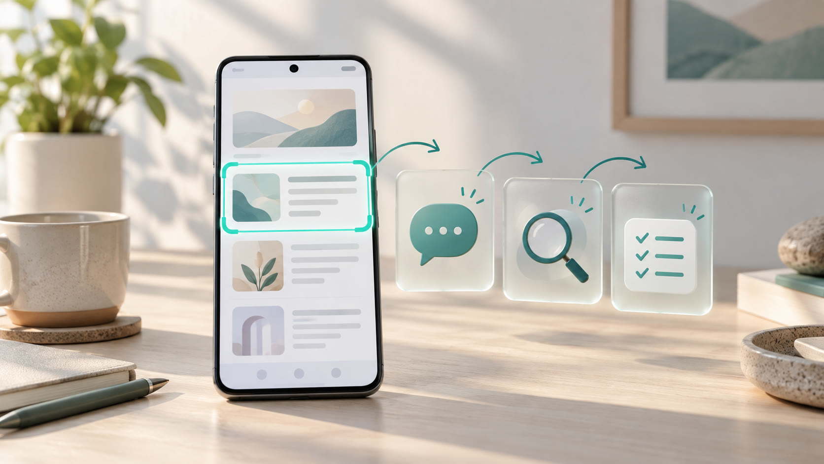 概念示意图：Android 手机上的虚构活动通知分别连接屏幕讲解、选区查找和个人待办，旁边显示共享与停止状态
