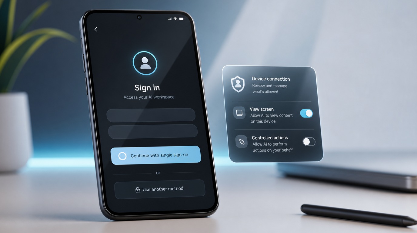 一部 Android 手机上的概念登录示意图，旁边展示设备会话、验证码和退出状态的抽象卡片
