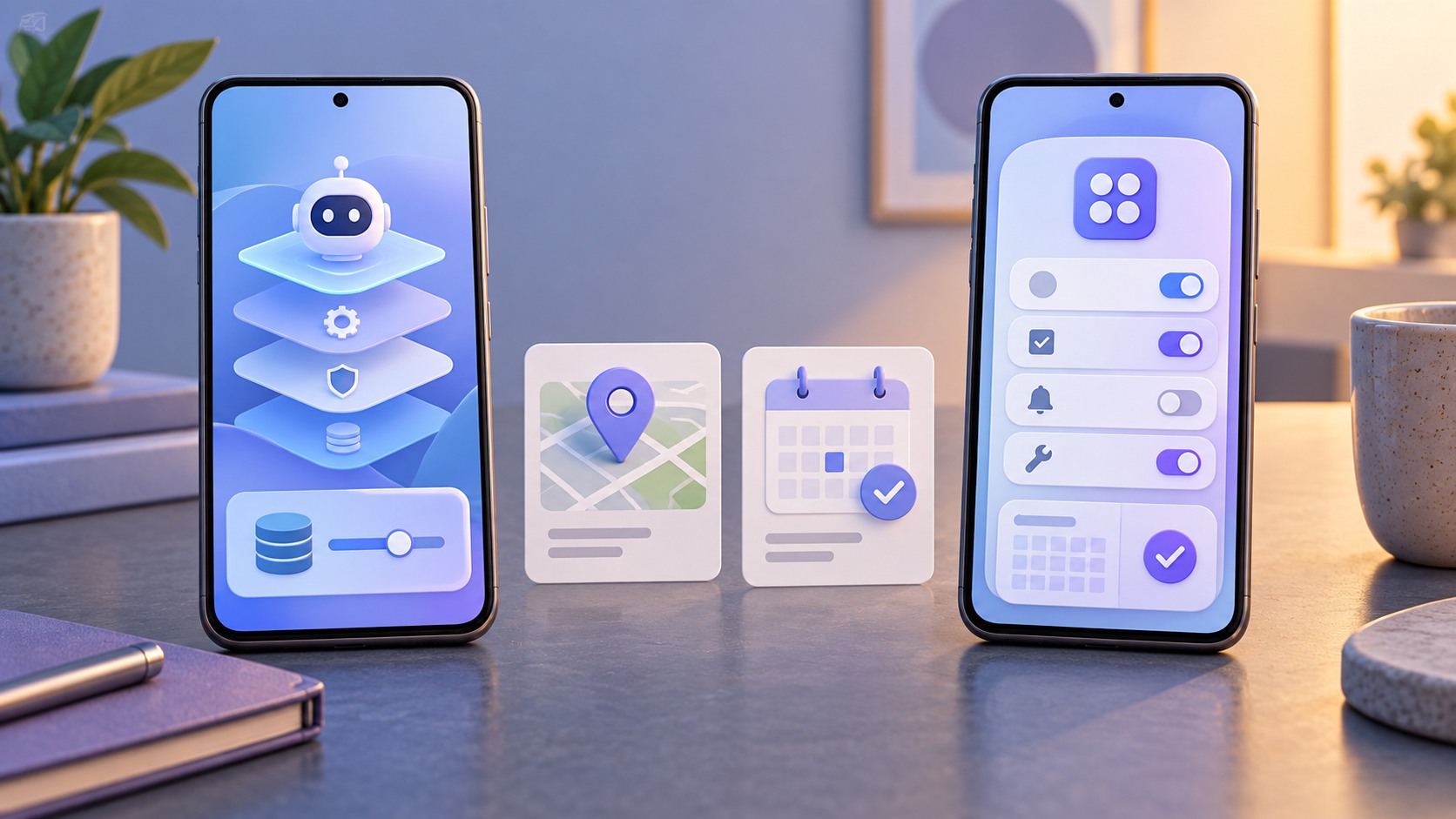 概念示意图：Flyme 系统任务入口与独立安卓助手并列，地址、任务计划和日历结果图标连接两条操作路径