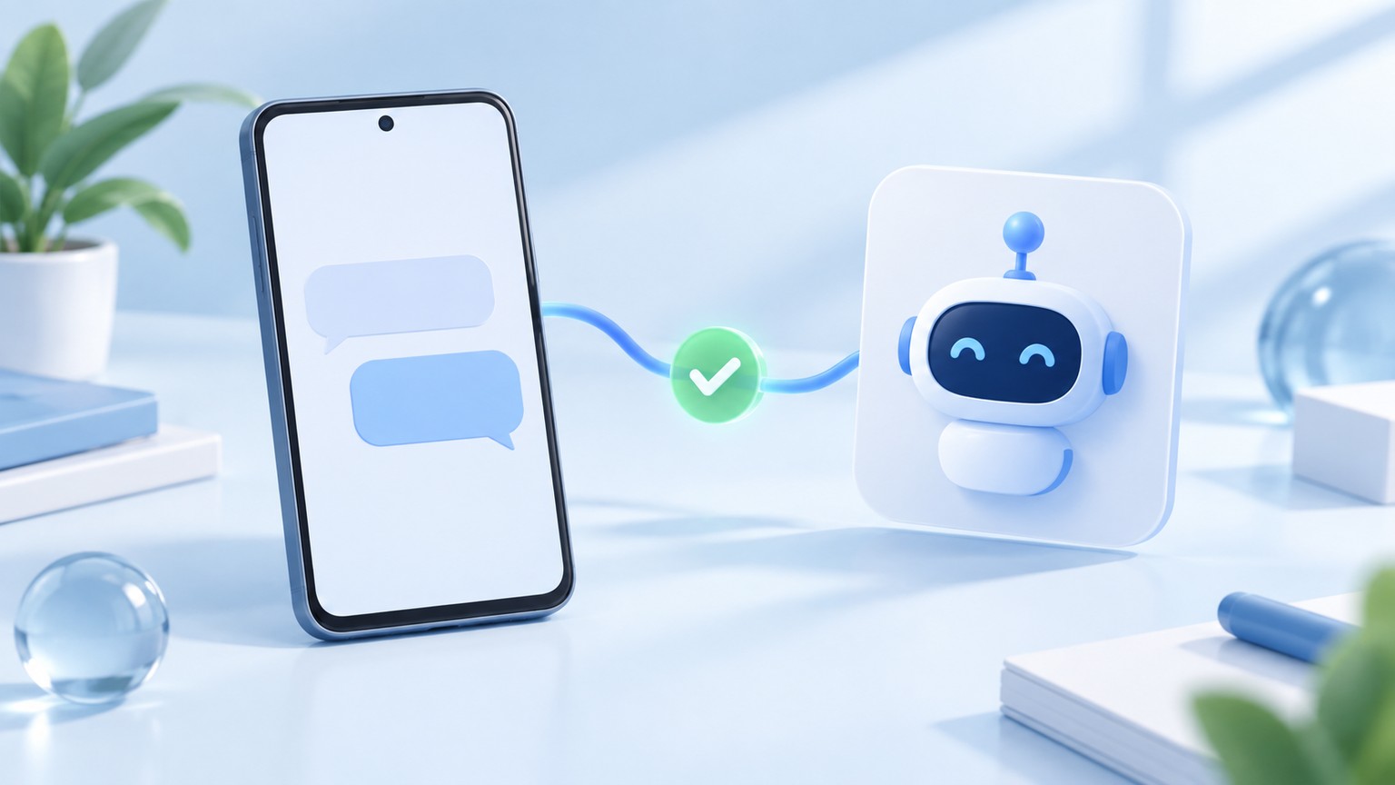 手机、聊天气泡、机器人卡片和完成标记组成的 FoneClaw Telegram 机器人连接示意图