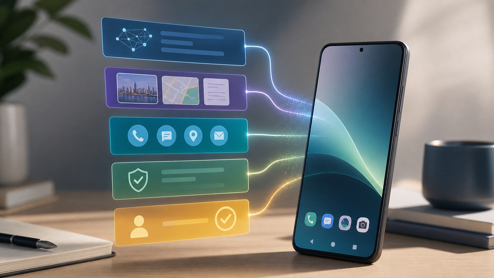 一部 Android 手机上展示由 AI agent 整理通知、草拟回复并等待用户确认的工作流