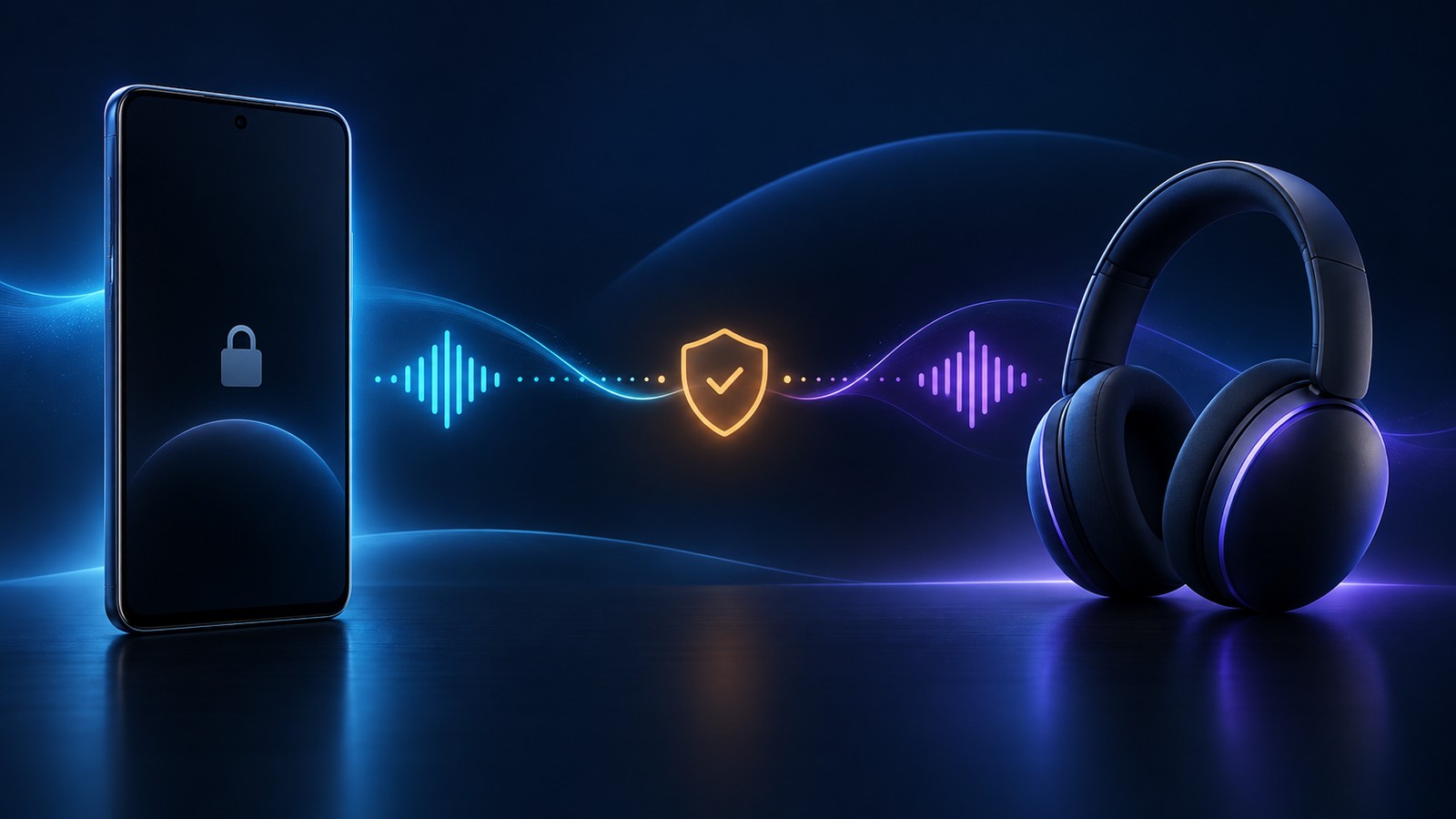 锁定的无品牌 Android 手机、蓝牙耳机、语音波形和盾牌确认点组成的概念图