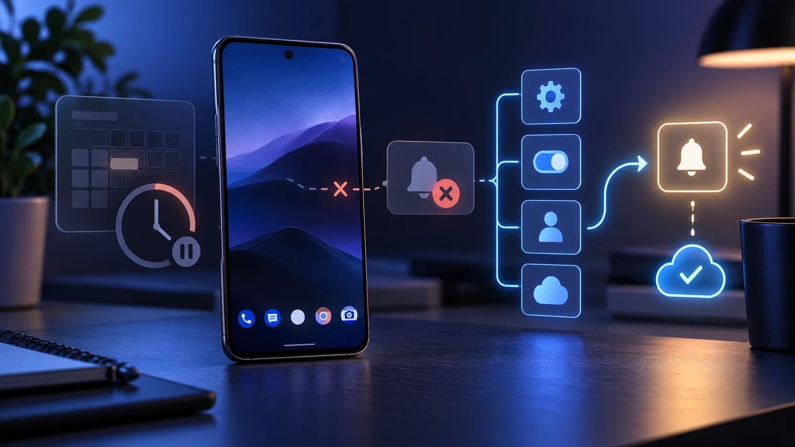 无品牌 Android 手机旁显示日历、时钟、失败通知和逐步恢复路径的概念图