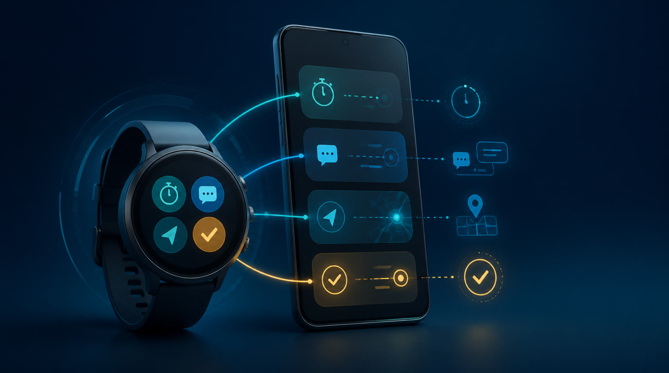 Gemini Wear OS 手表、配对 Android 手机和 FoneClaw 受治理手机动作交接流程示意图