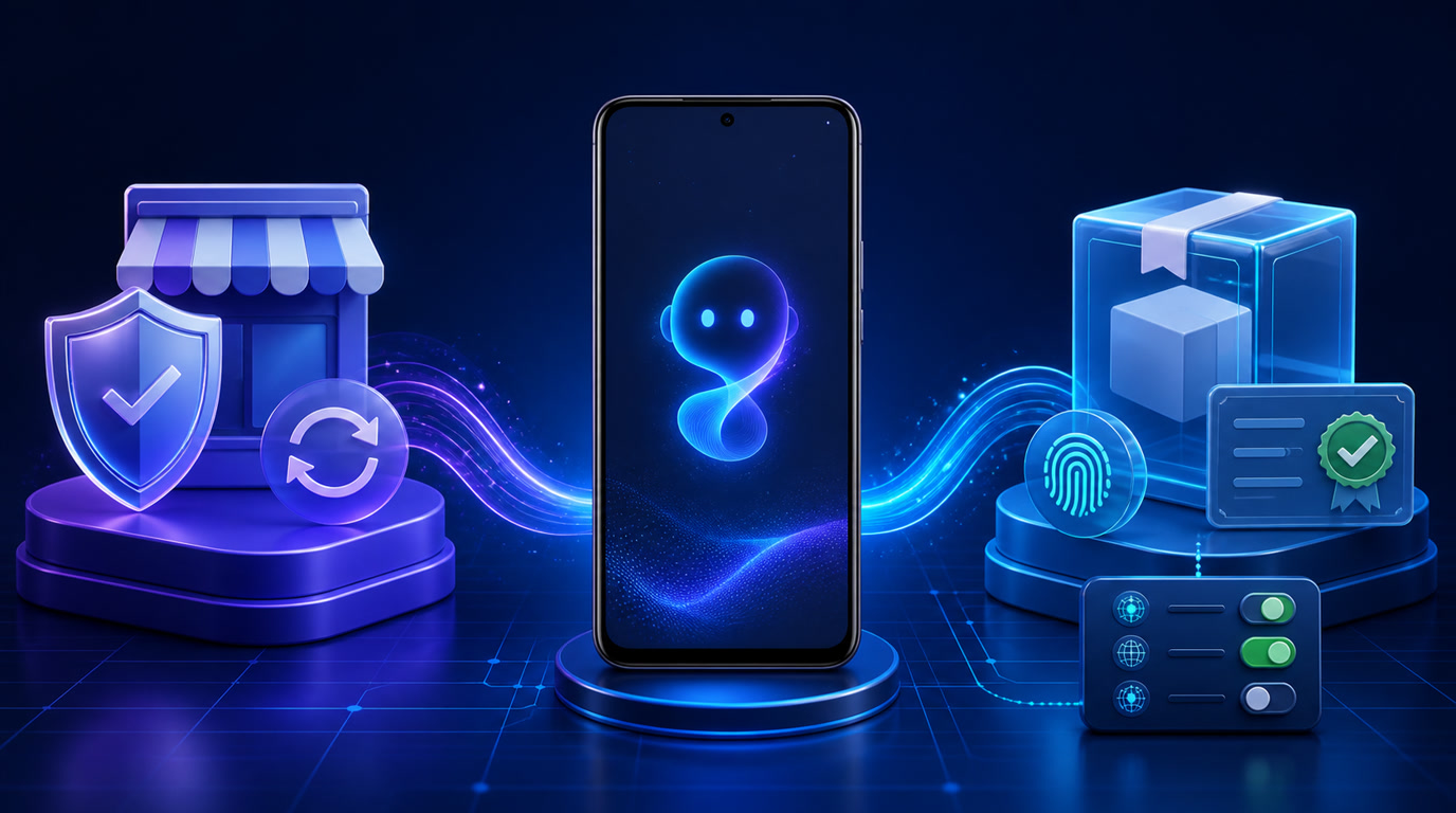 Android AI 智能体在 Google Play 版与官方直接 APK 之间选择安装渠道、验证签名和权限的决策图