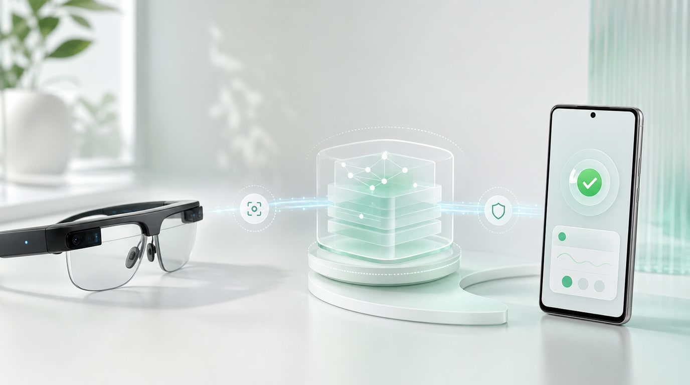 Livis AI 眼镜通过个人 Agent 终端把任务交接到 Android 手机动作层的示意图