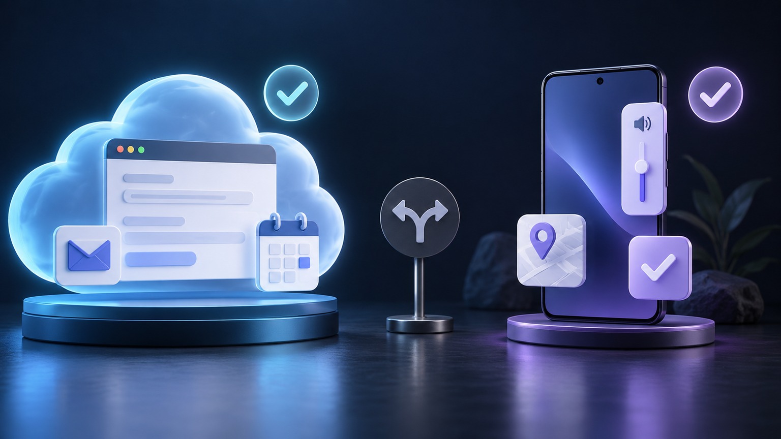 概念图中云端浏览器窗口与一部 Android 手机并列显示，周围有邮件、日历、音量、网页表单和审批状态图标
