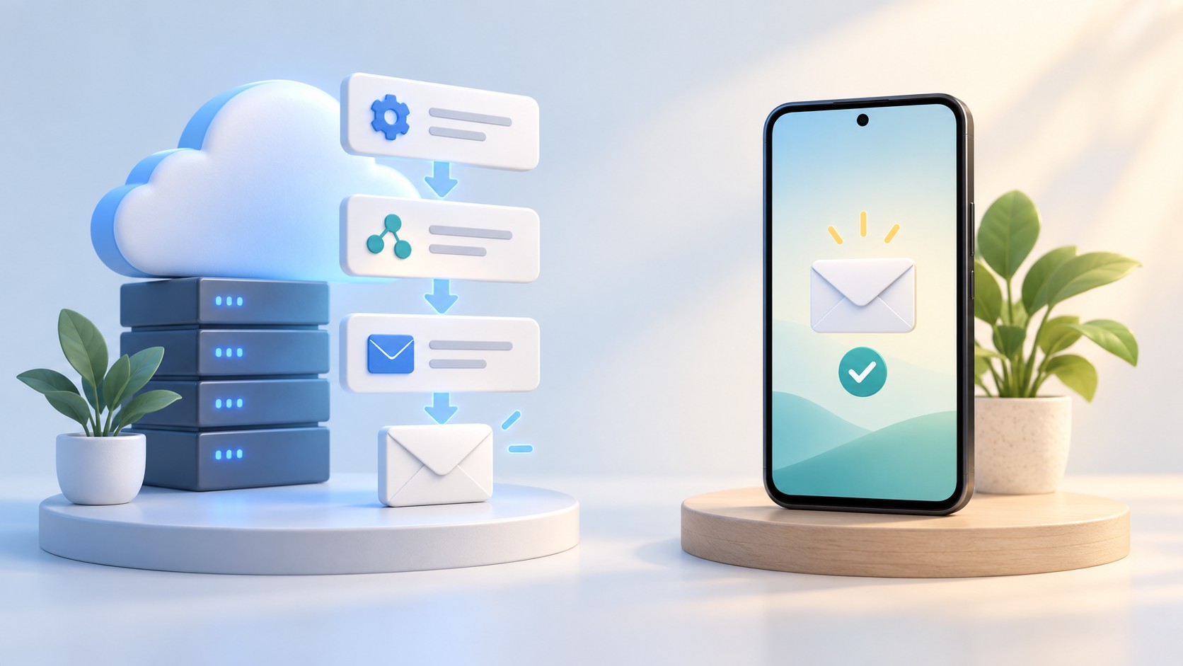 概念示意图：一封邮件分别进入服务端工作流与 Android 手机任务，两条路径都经过草稿审核和发送结果核验