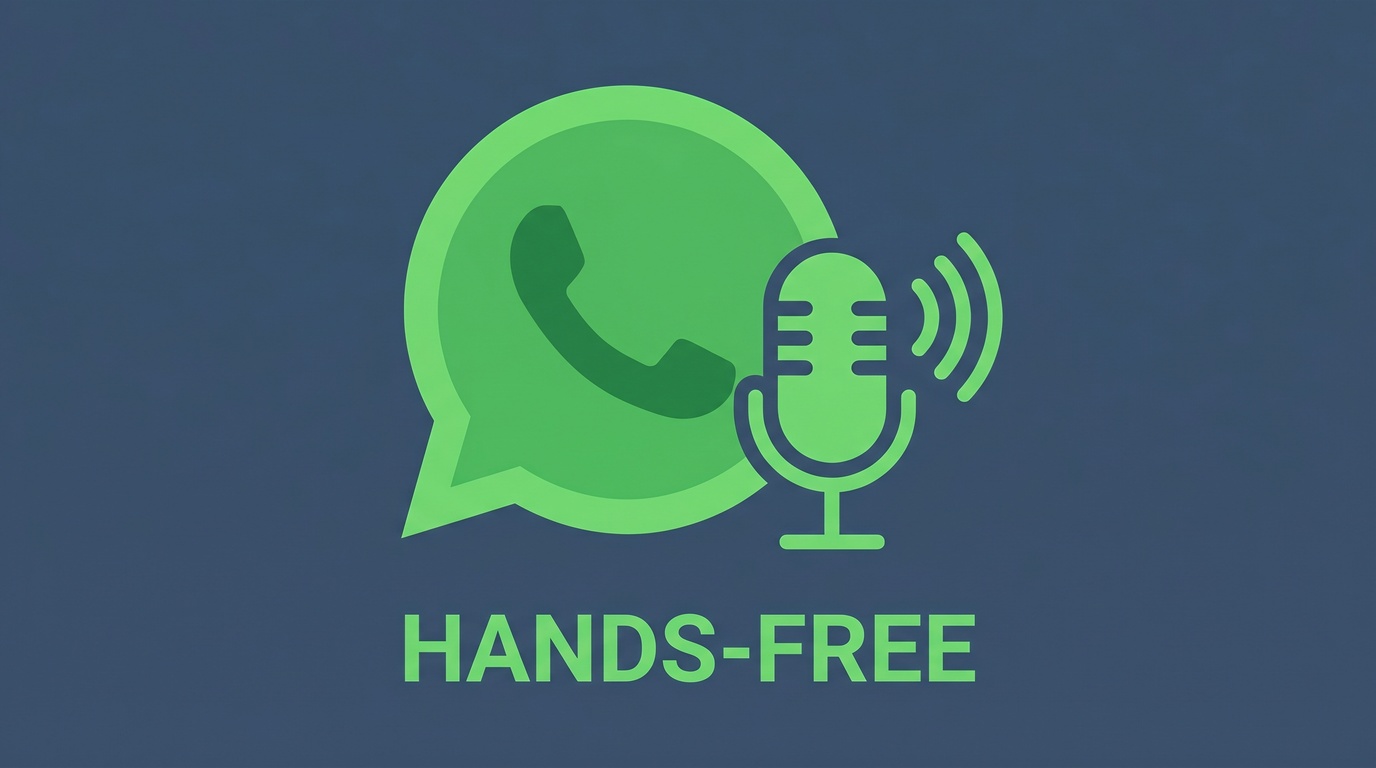 深蓝色背景上，绿色 WhatsApp 电话聊天符号与麦克风声波并列，并带有 HANDS-FREE 字样