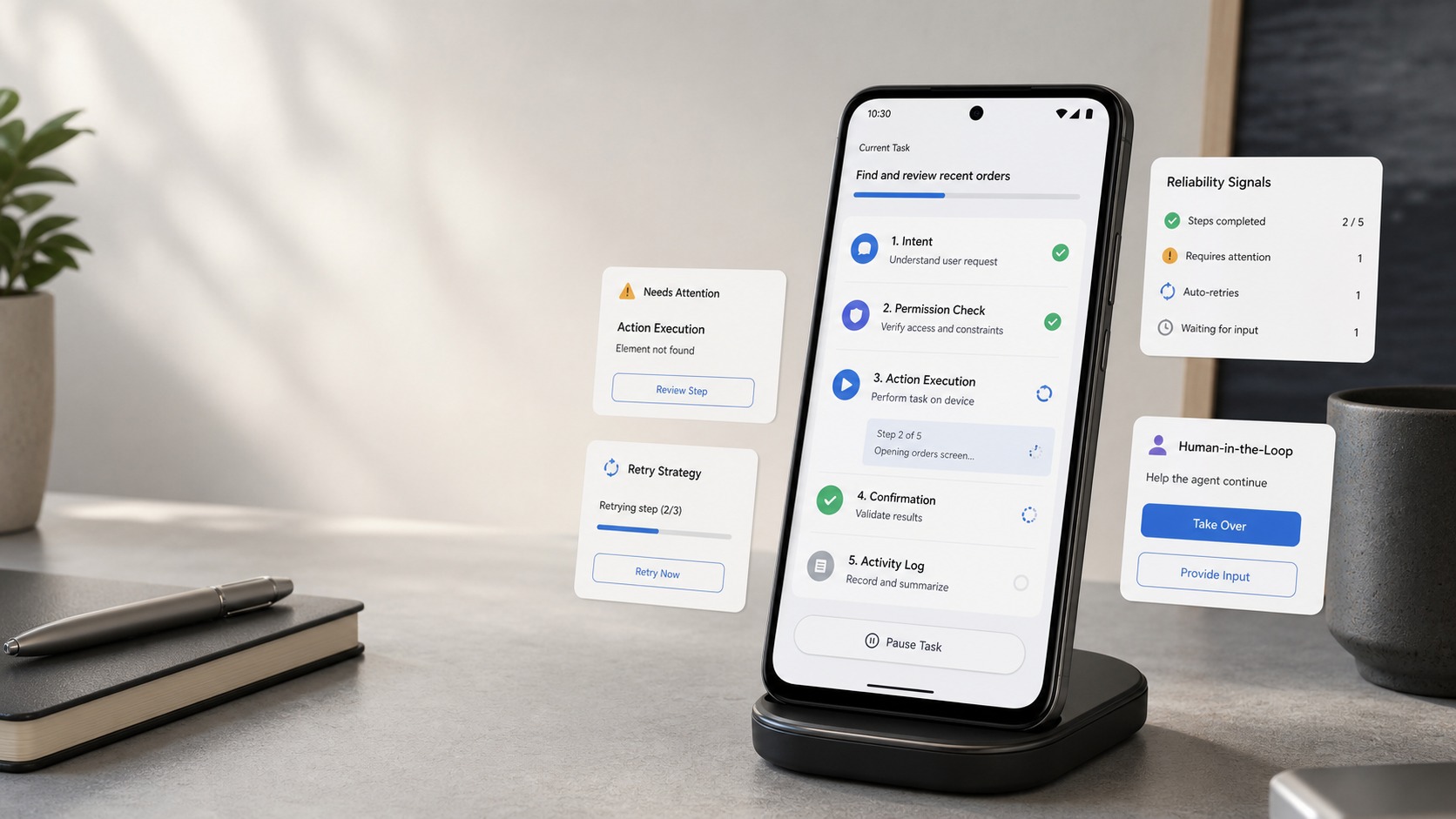 Android 手机上的 AI Agent 延迟管线、权限确认和结果验证流程示意图