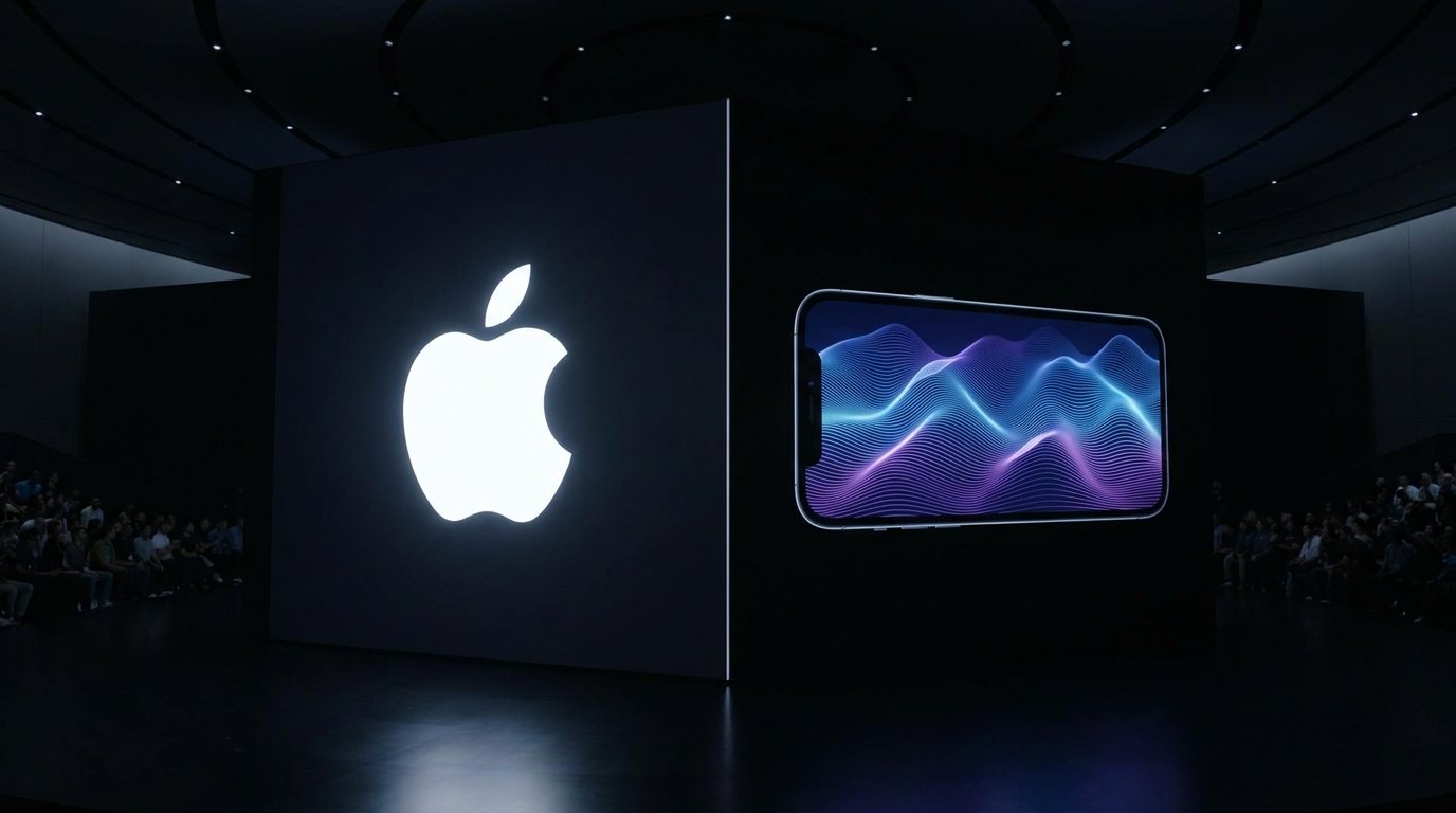 深色概念会场中，左侧面板显示发光的 Apple 标志，右侧横向手机显示蓝紫色波形，两侧可见观众席
